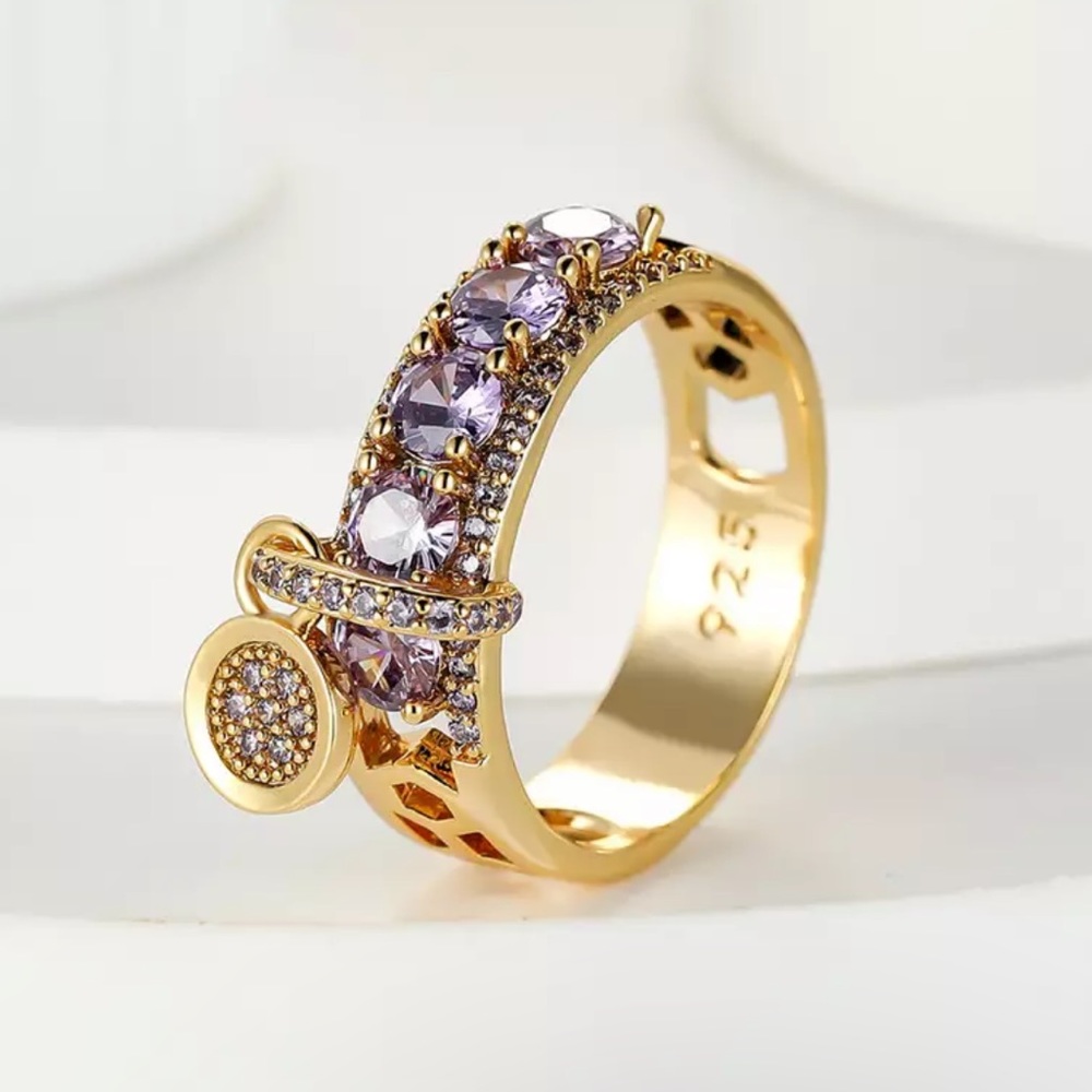 Luxury Vintage Gold Purple Round Stone Dangle Ring Dainty Zircon Women Gift - 8